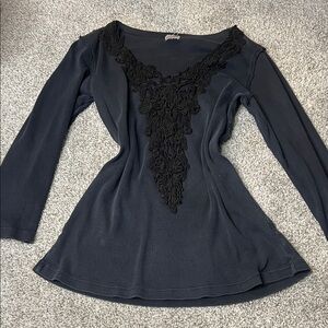ONE WORLD Dark Blue Long Sleeve Top with Black Lace